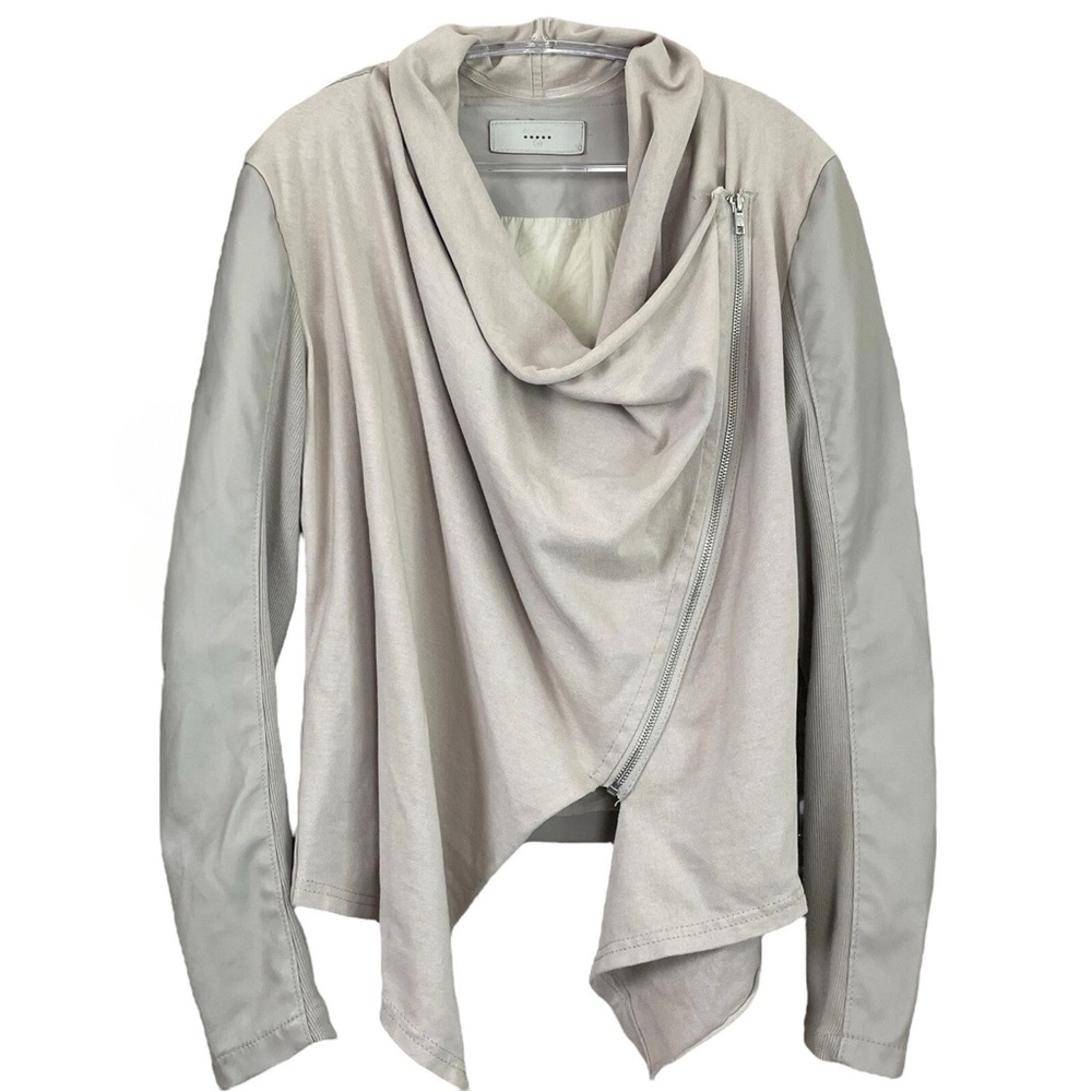 Blank NYC Faux Leather Cowl Drape Neck Asymmetric Zip Moto Jacket Beige Size M